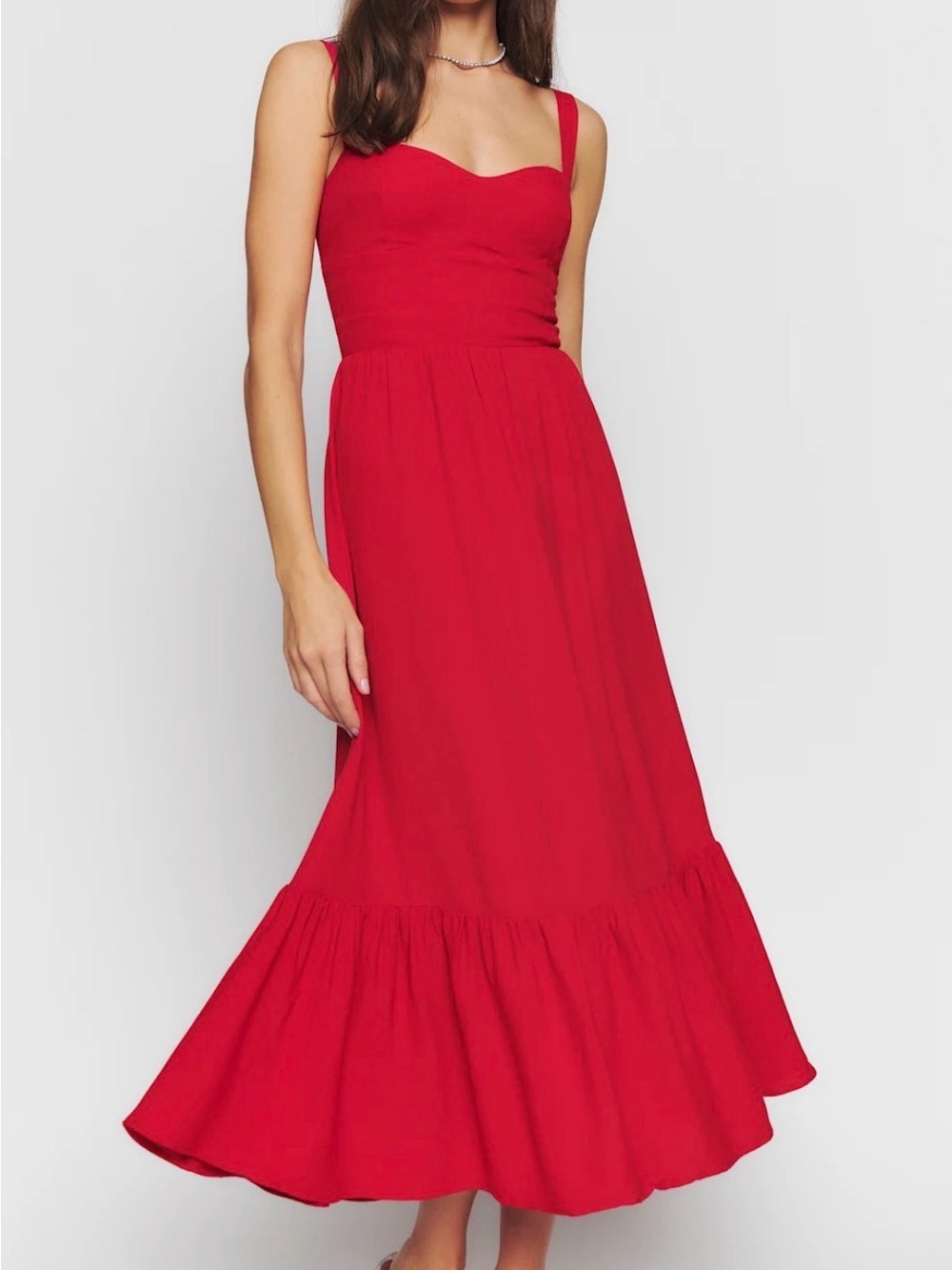 Reformation Celestia Dress. Red Sleeveless Midi Dress with Sweetheart Neckline